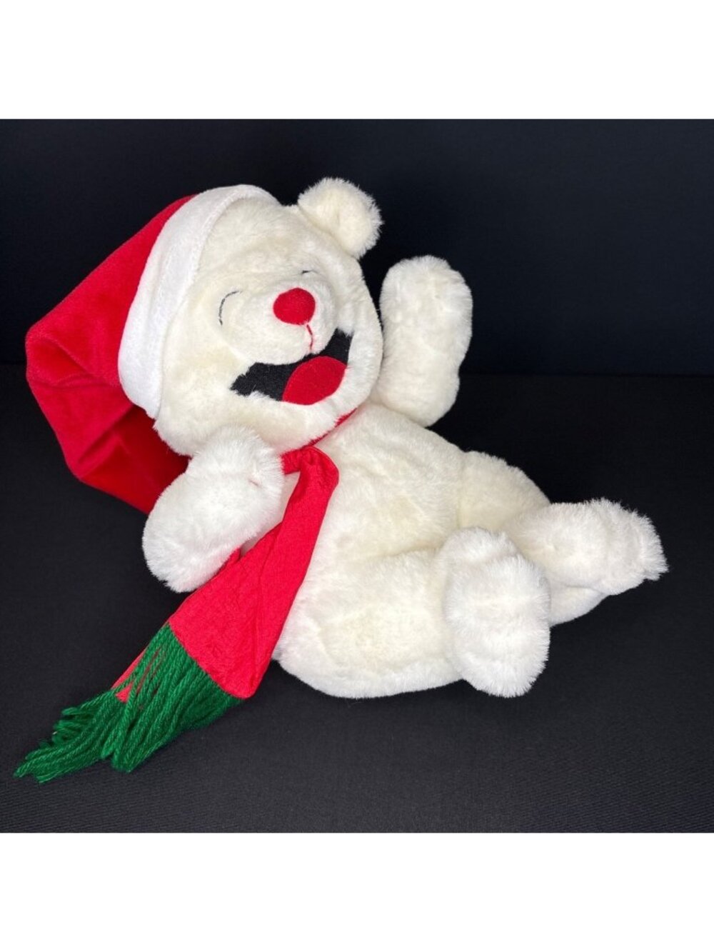 Christmas Laughing Activated Plush Teddy Bear With Santa Hat & Scarf Green Red